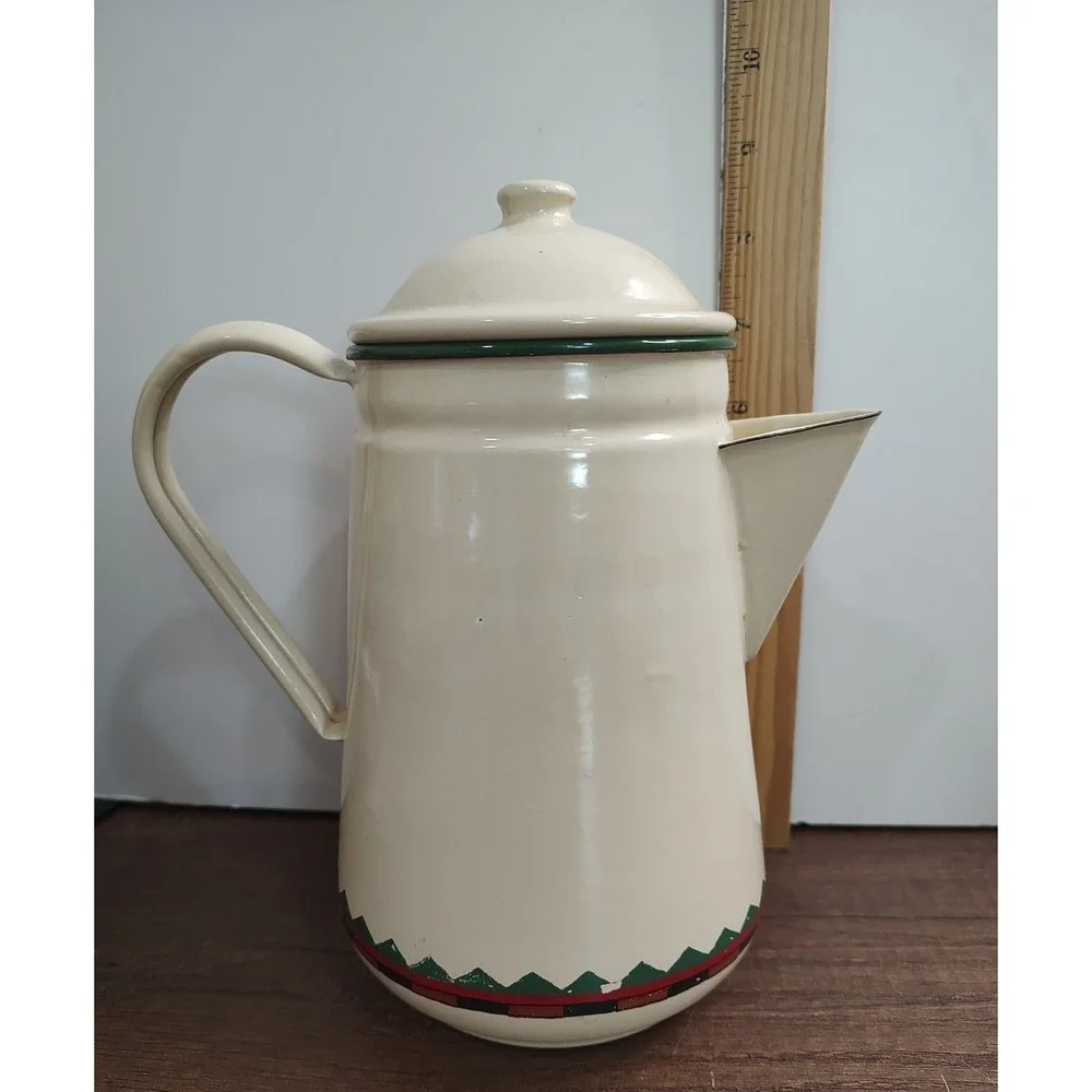 Lodge Enamelware Christmas Coffee Pot Graniteware Beige Green Vintage Read S15